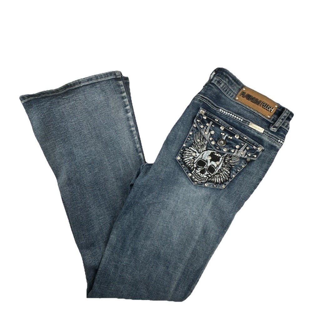 Platinum Plush Women Bootcut Jeans Size 11 Denim Skull Wing Rhinestone Y2K Edge